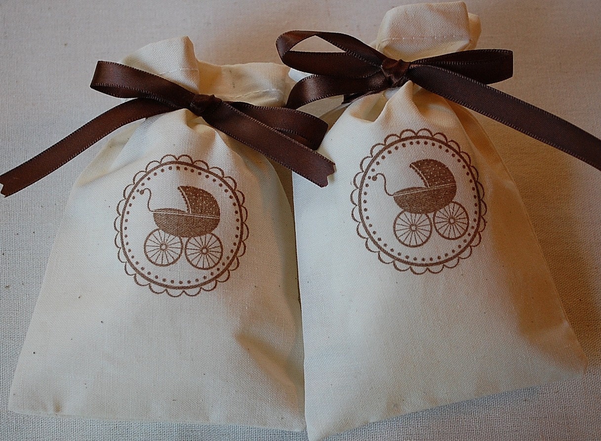 10 Baby Carriage in Coffee Brown with ribbon Organic Muslin Cotton Favor Gift Bags 4x6 inch - Great for Baby Shower Il_170x135