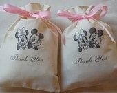 35 Disney Mickey and Minnie Mouse Thank You with pink ribbon Muslin Favor Bags 5x7 - You choose ink and ribbon colors