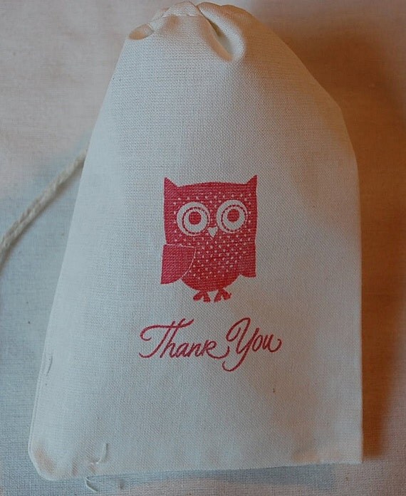 10 Red Owl Muslin Favor Gift Bags - Thank You Organic Cotton Drawstring Gift Bags 5x7 Il_570xn