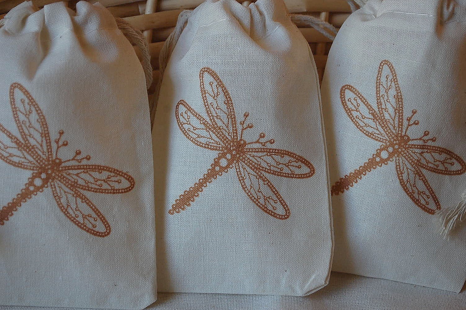 10 Sepia Dragonfly Muslin Favor Gift Bags - Great for Weddings, Parties, Jewelry and more 3x5 Il_570xn
