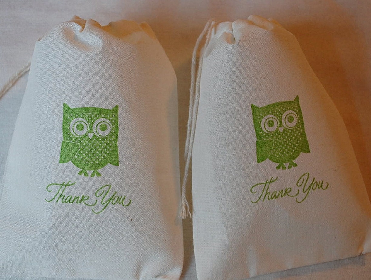 10 Lime Green Owl Muslin Favor Gift Bags - Thank You Organic Cotton Drawstring Gift Bags 5x7 Il_570xn