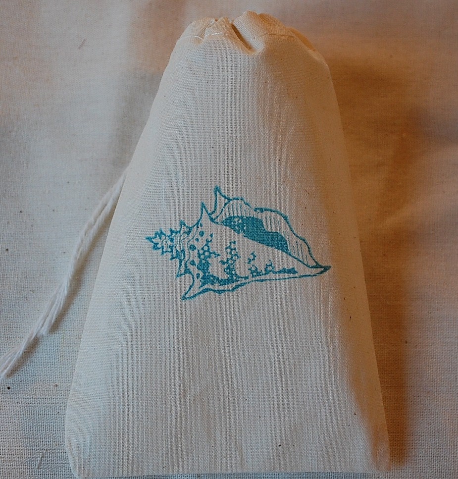 10 Teal Blue Conch Shell Organic Muslin Cotton Favor Gift Bags - Perfect for Beach Weddings 4x6 Il_570xn