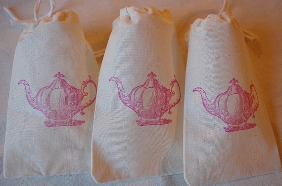 10 Tea Party Favor Bags - Vintage Teapot Organic Cotton Gift Bags 3x5 Il_570xn