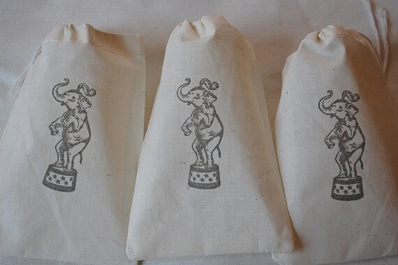 10 Organic Muslin Gift Bags - Gray Vintage Circus Elephant Birthday Party 4x6 inch Il_570xn