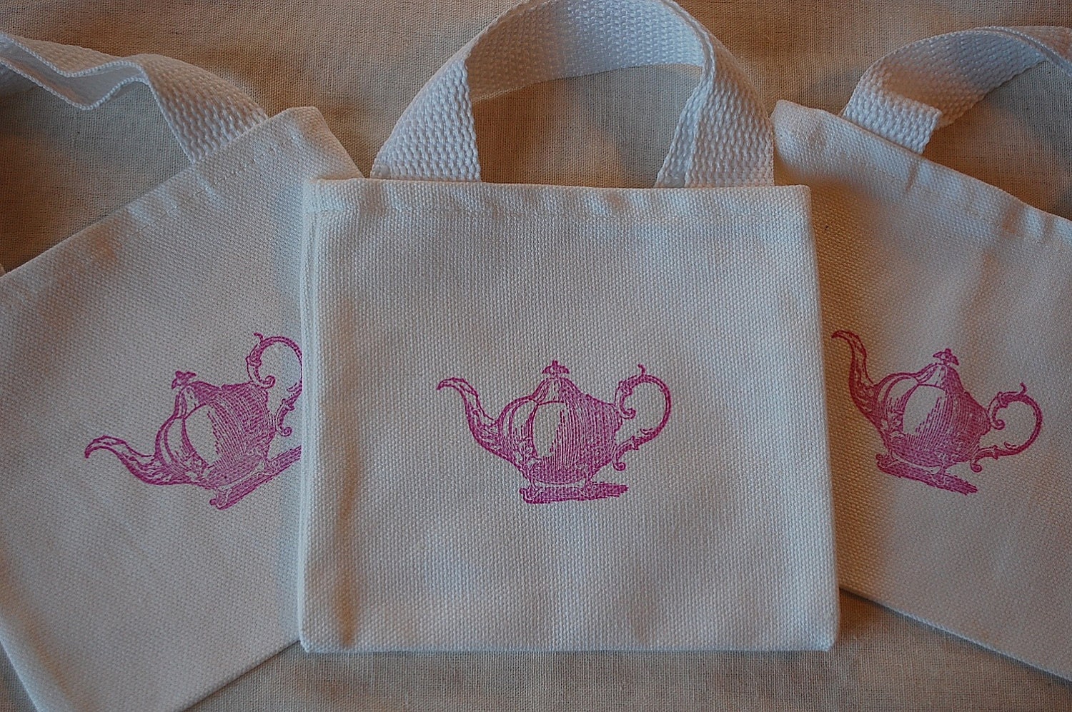 Pink Vintage Teapot White Cotton Mini Canvas Bags Great for Bridesmaids, Weddings and Tea Parties 5" x 6" Il_570xn