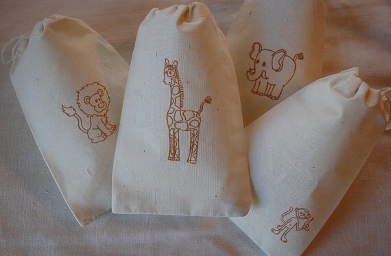 40 Zoo / Safari Themed Favor Bags - Organic Muslin Cotton 4x6 gift bags Great for Baby Showers and Birthday Parties