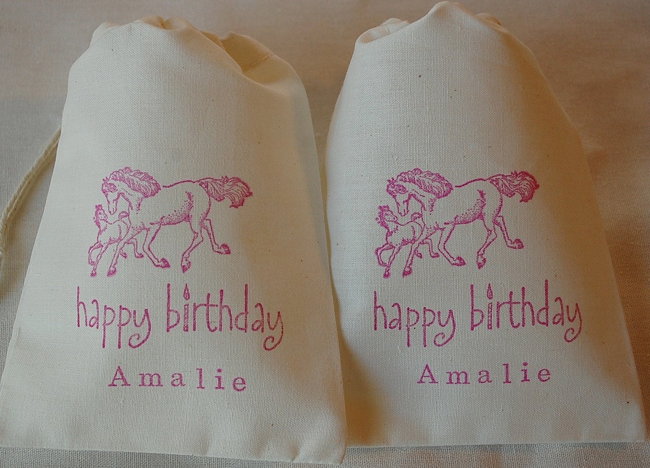 10 Personalized Horse with Foal Happy Birthday Organic Muslin Cotton Favor Gift Bags 4x6 in Sepia Il_570xn