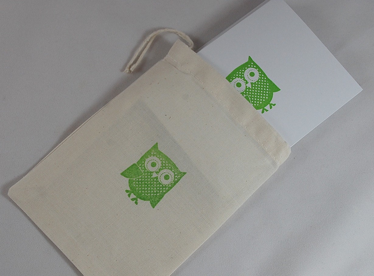 Cute Owl Stationary - Set of 5 Lime Green Owl Cards with Envelopes Packaged in Muslin Gift Bag - You choose ink color Il_570xn