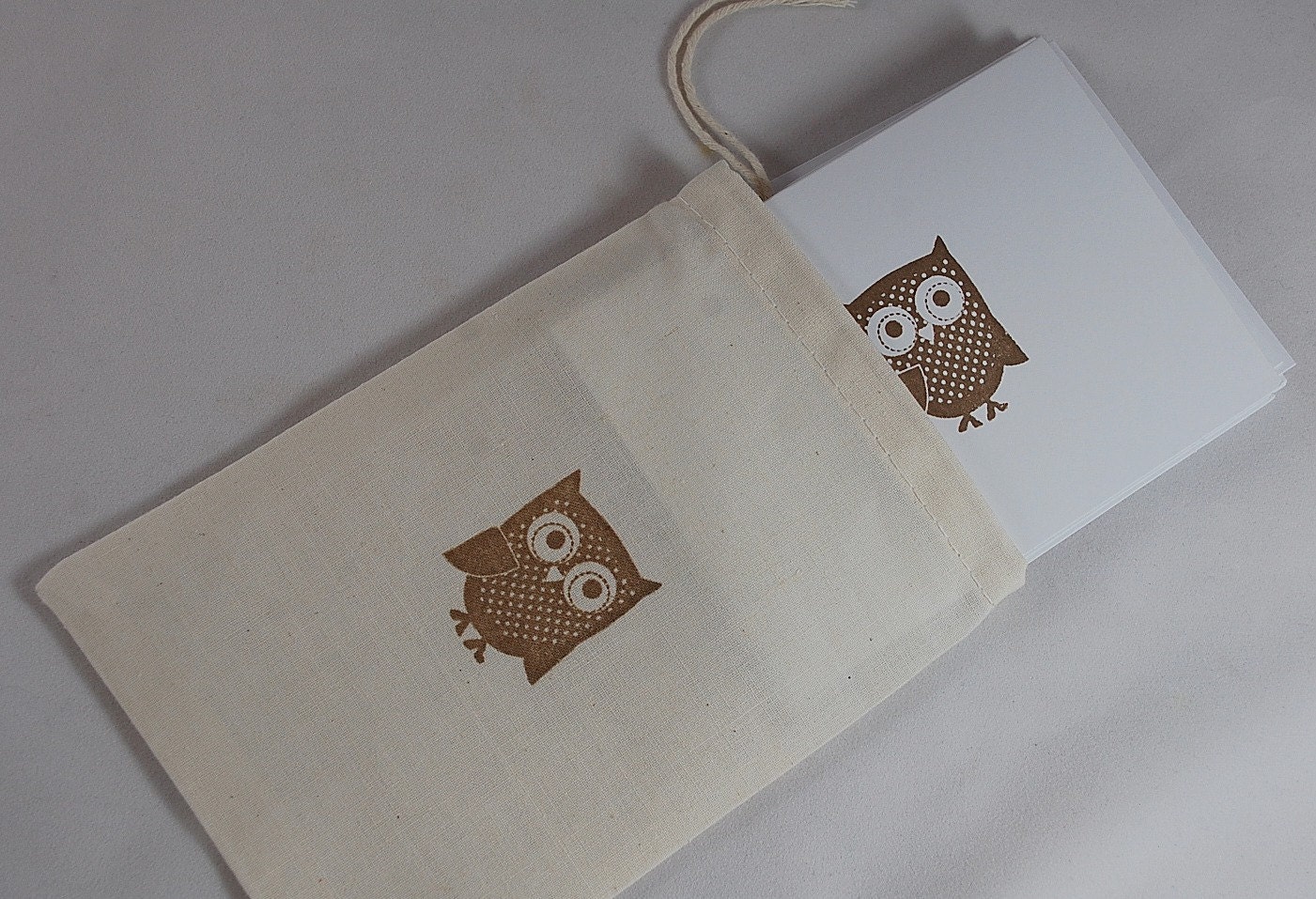 Cute Owl Stationary - Set of 5 Brown Owl Cards with Envelopes Packaged in Muslin Gift Bag - You choose ink color Il_570xn