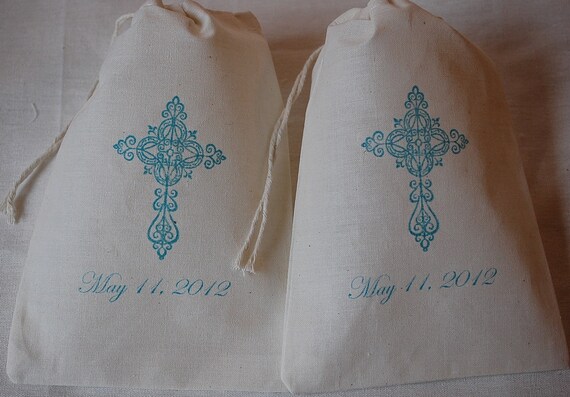 25 Teal Cross with Date - Organic MuslinCotton Favor Bags 5x7 inch Great for Baby Baptism - Choose your own ink color Il_570xn