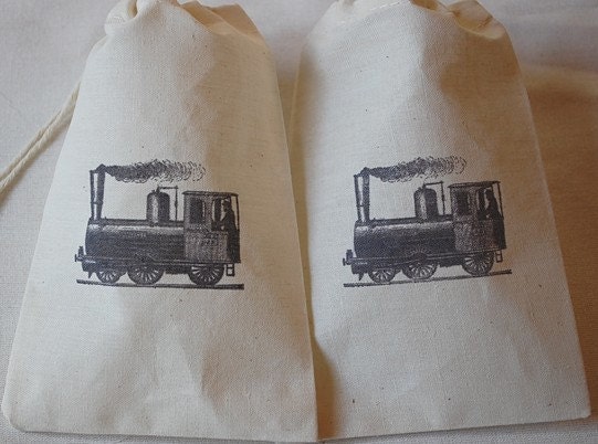 12 Black Vintage Choo Choo Train Birthday Party Organic Muslin Cotton Favor Gift Bags 4x6 Il_570xn