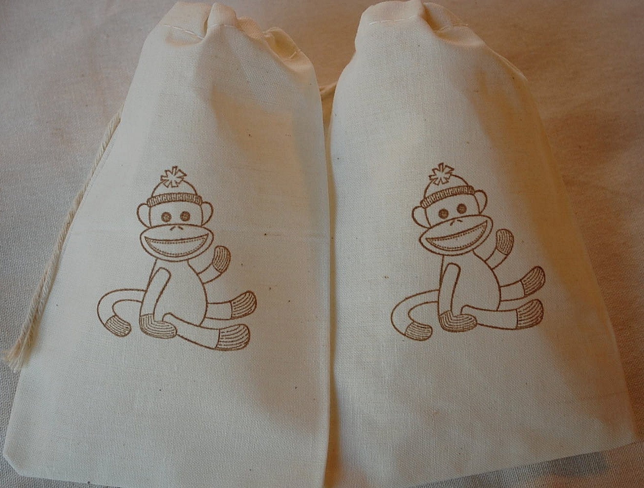 10 Sock Monkey Treat Bags - Organic Muslin Cotton Favor Gift bags 4x6