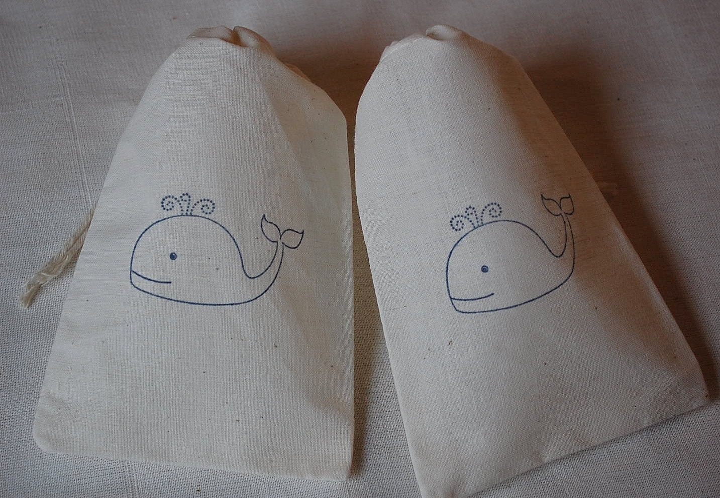 10 Blue Whale Muslin Drawstring Favor Gift Bags 4x6 Great for Baby Showers