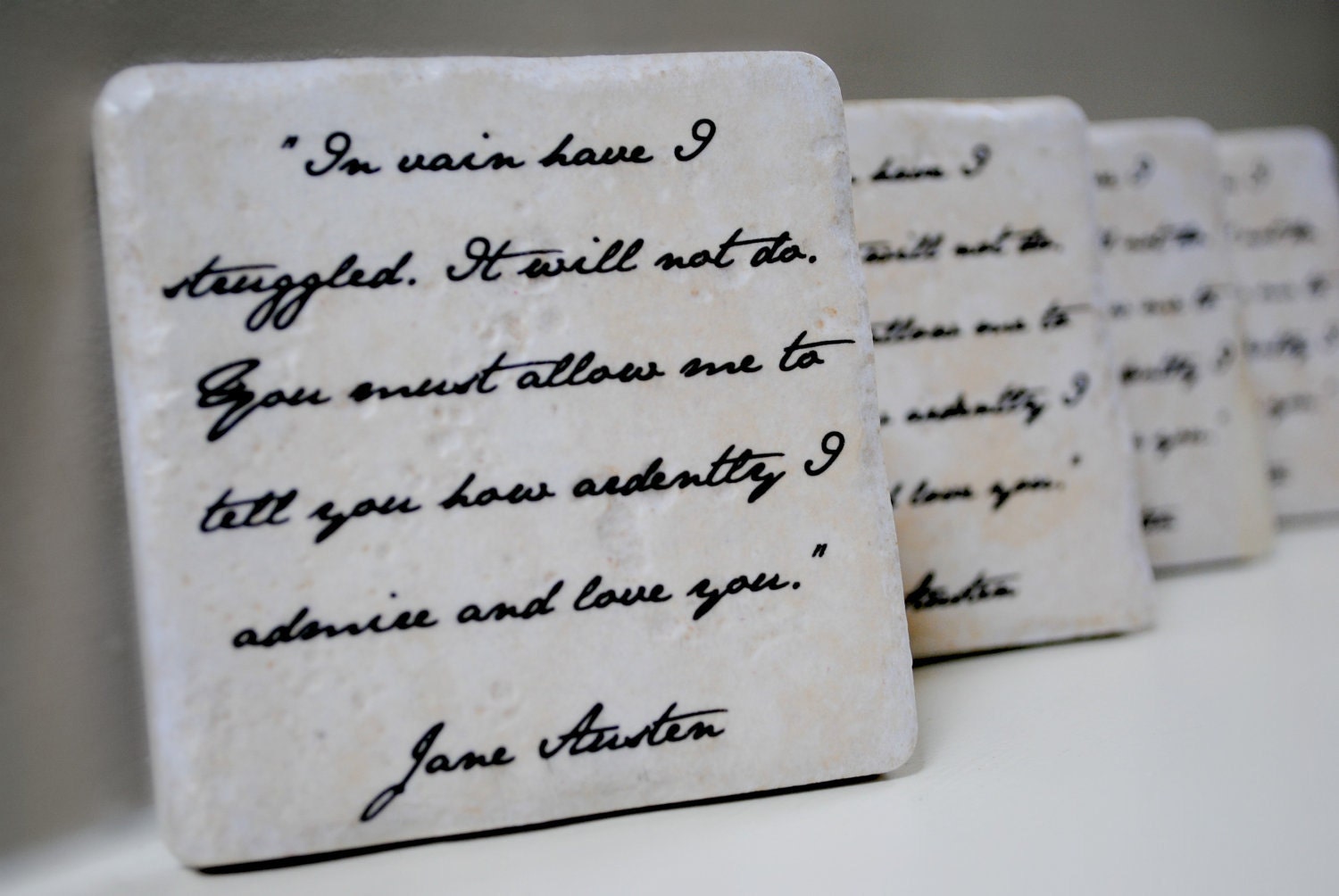 Wedding favor Mr. Darcy's proposal to Elizabeth Set of 4 Italian Stone Coasters Jane Austen