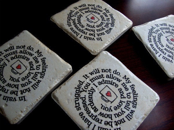 Coaster Coffee Cup Confessions Mr. Darcy's proposal to Elizabeth Set of 4 Italian Stone Coasters
