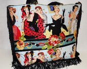 Wild Retro Large Black Tote With Custom Fabric Applique Designs and Black Fringe