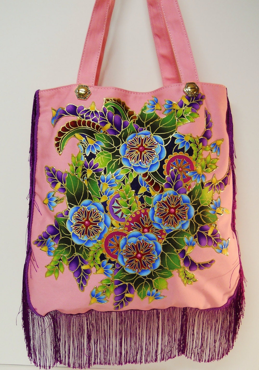 Canvas Tote Custom Design Hand Painted Floral Fabric Appliques