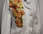 Women's White Cotton Blouse Custom Floral Fabric Applique Design with Gold Details