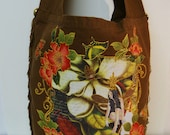 Fantasy Brown Canvas Tote Bag Hand Painted Fabric Floral Applique Design and Fringe