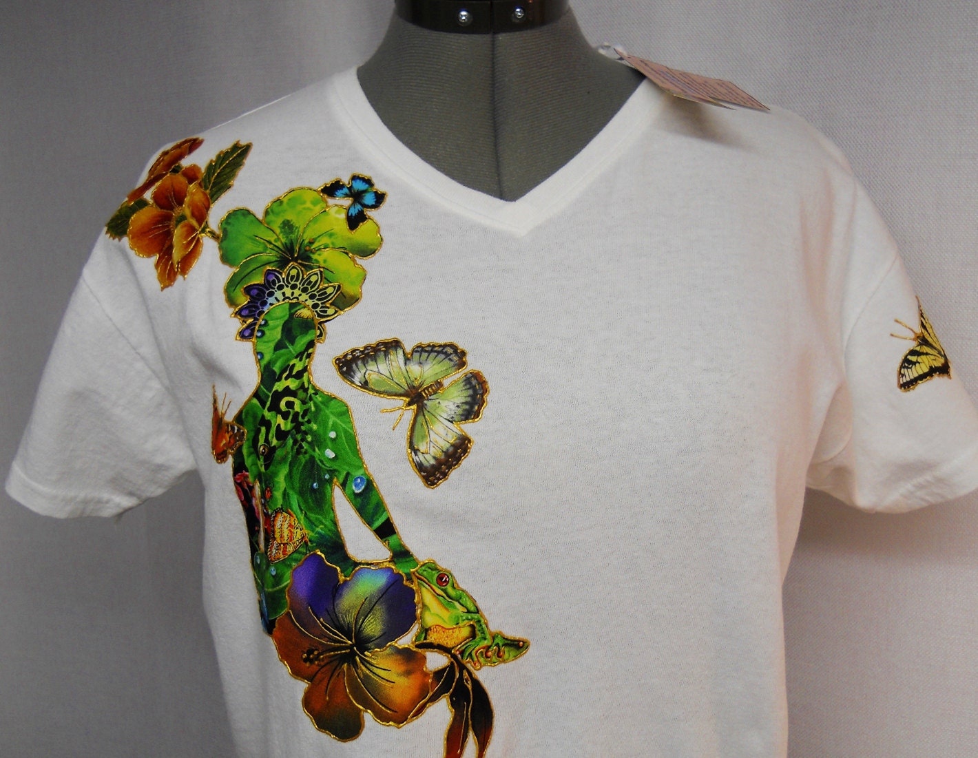 Custom Women's Tee Shirt Meditative Hand Painted Fabric Applique Design