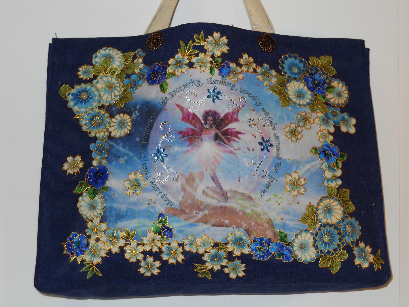 Harmony Tote Bag Blue Canvas Hand Painted Fantasy Fabric Applique Design and Diamond Embellishments