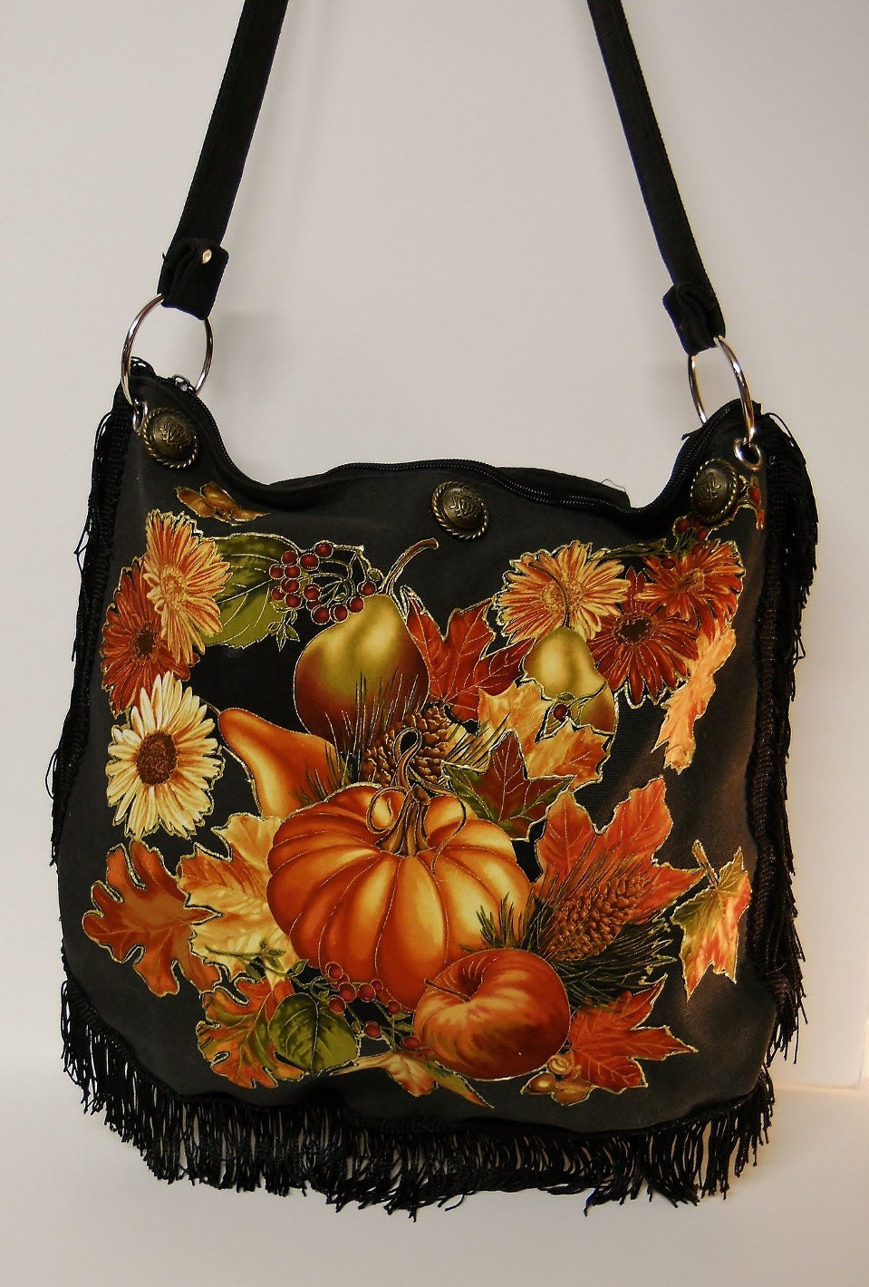 Canvas Black Handbag with Custom Fabric Applique Autumn Floral Fruit Design with Black Fringe