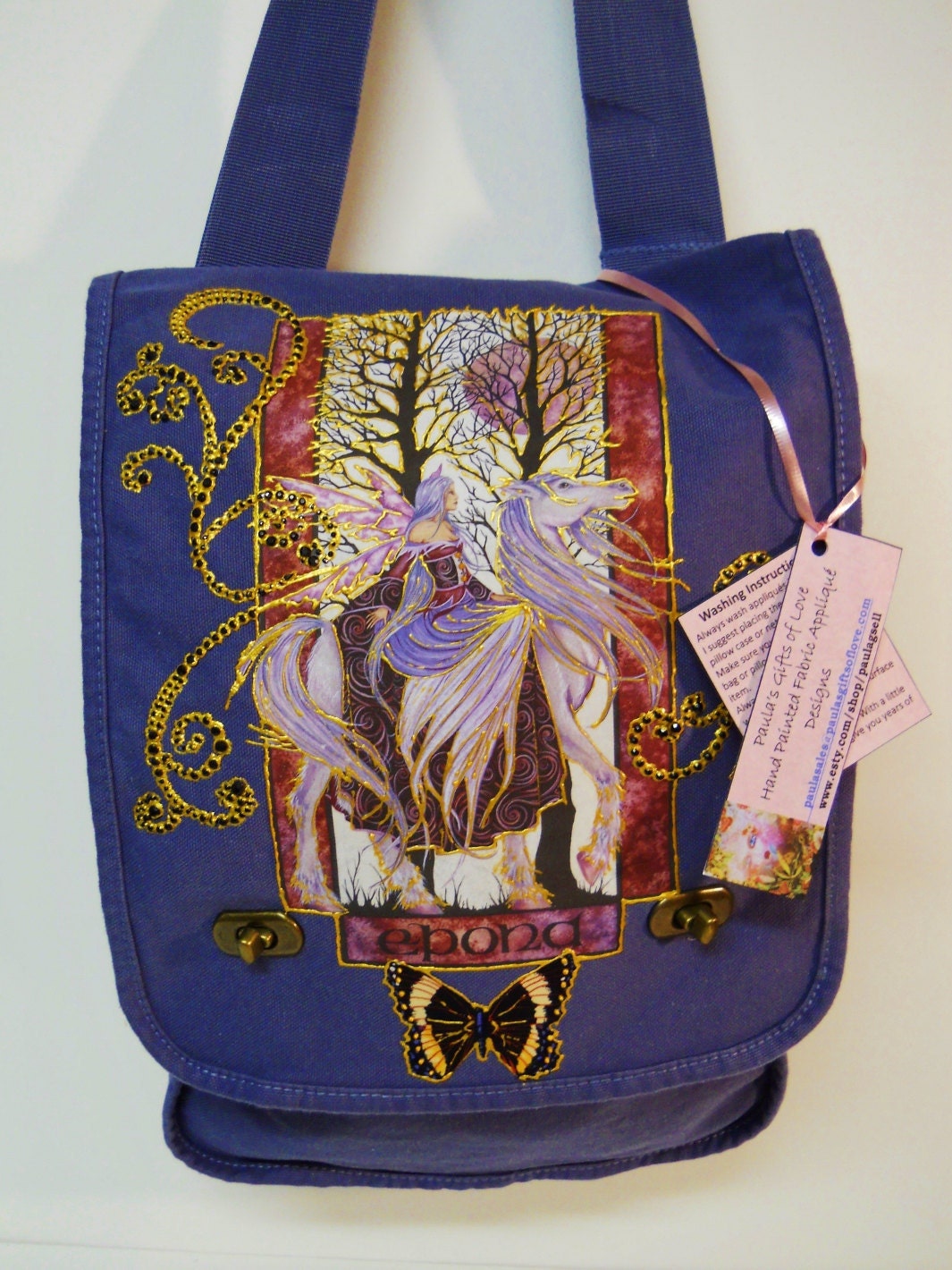 Sale 75% OFF Fantasy Lovers Canvas Handbag Blue With Custom Hand Painted Fabric Appliques