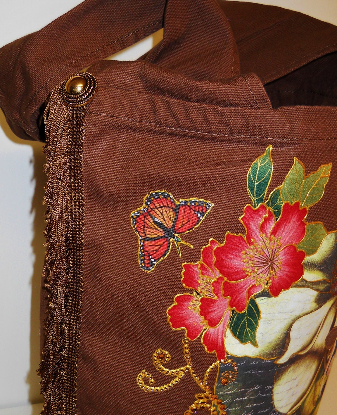Fantasy Brown Canvas Tote Bag Hand Painted Fabric Floral Applique Design and Fringe