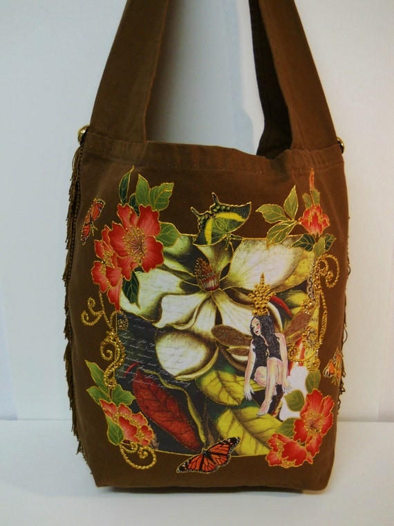Fantasy Brown Canvas Tote Bag Hand Painted Fabric Floral Applique Design and Fringe