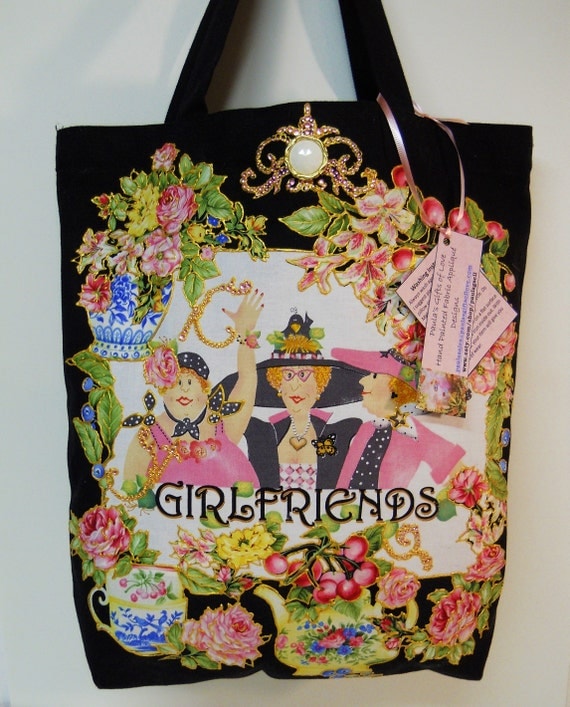 Black Canvas Tote Custom Hand Painted Fabric Applique Designed with Girlfriend Images