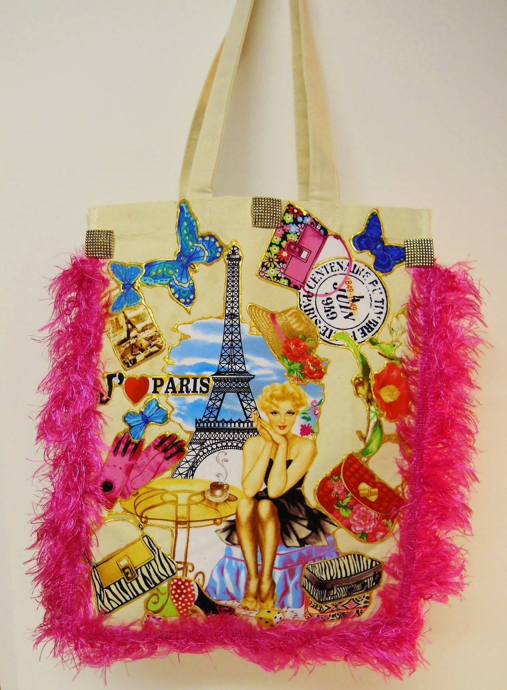 Canvas Tote Meet Me In Paris With Custom Hot Pink Retro Fabric Applique Design