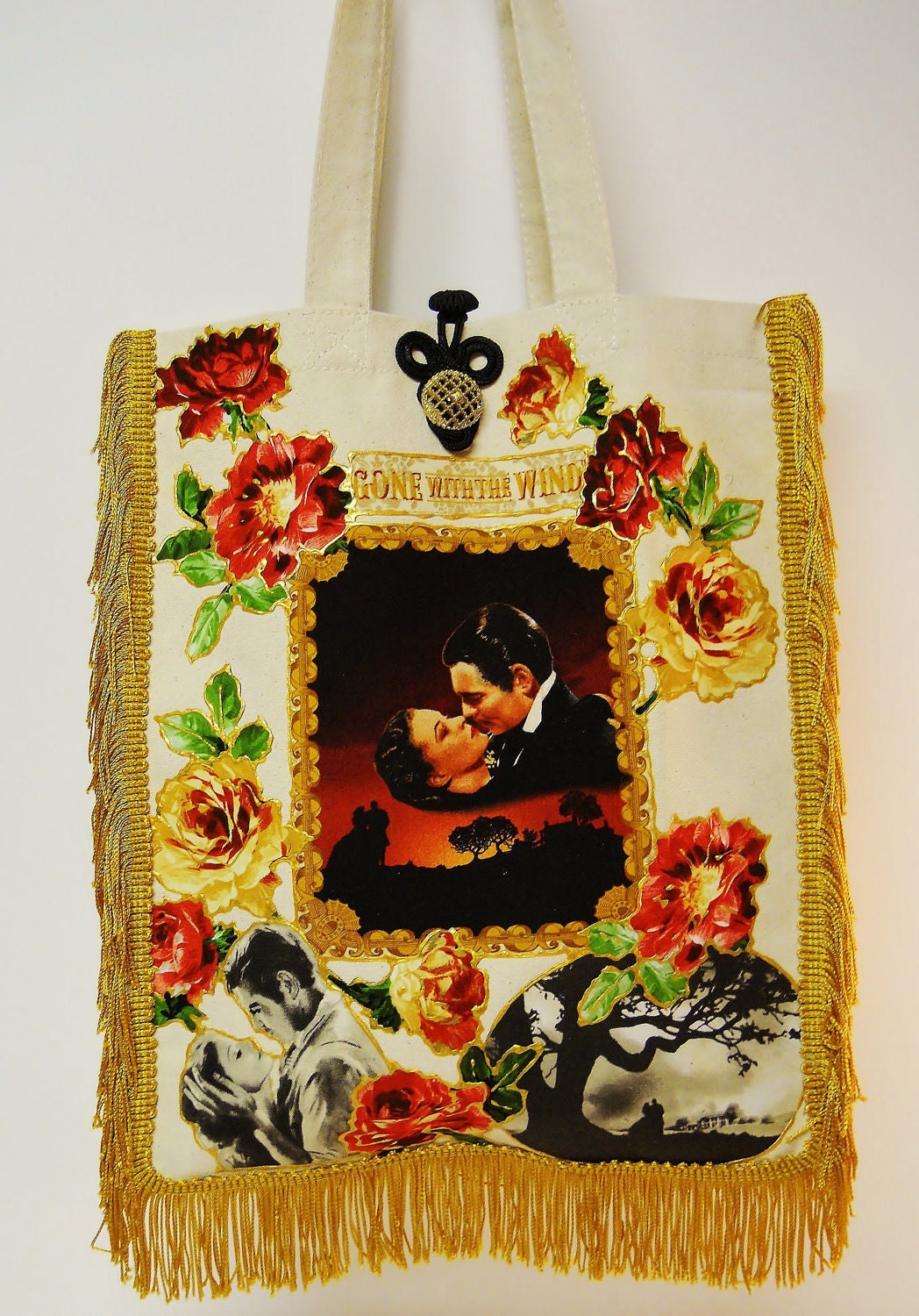 Canvas Tote With Custom "Gone With The Wind" Designed Fabric Appliques and Gold Fringe