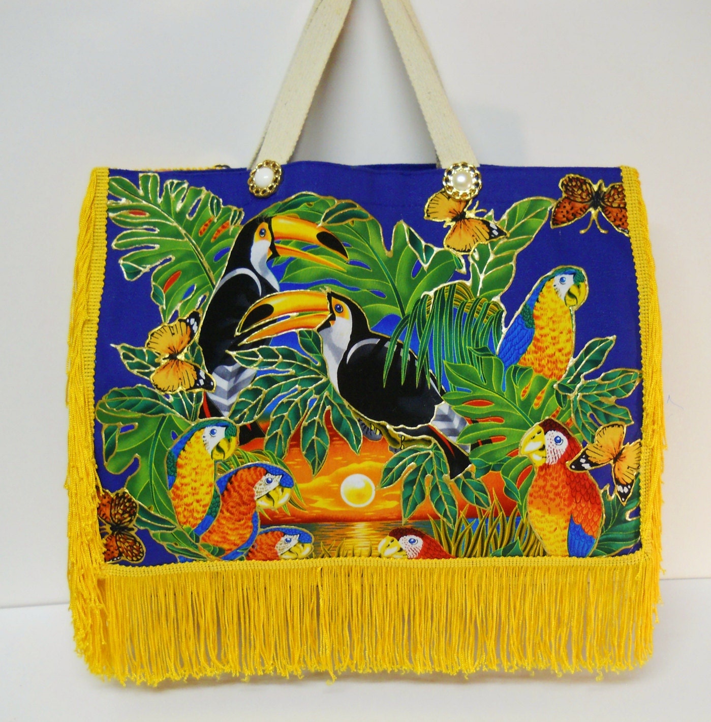 Exotic Bird Tote Canvas Royal Blue with Fabric Applique Design and Yellow Fringe
