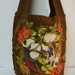 Fantasy Brown Canvas Tote Bag Hand Painted Fabric Floral Applique Design and Fringe