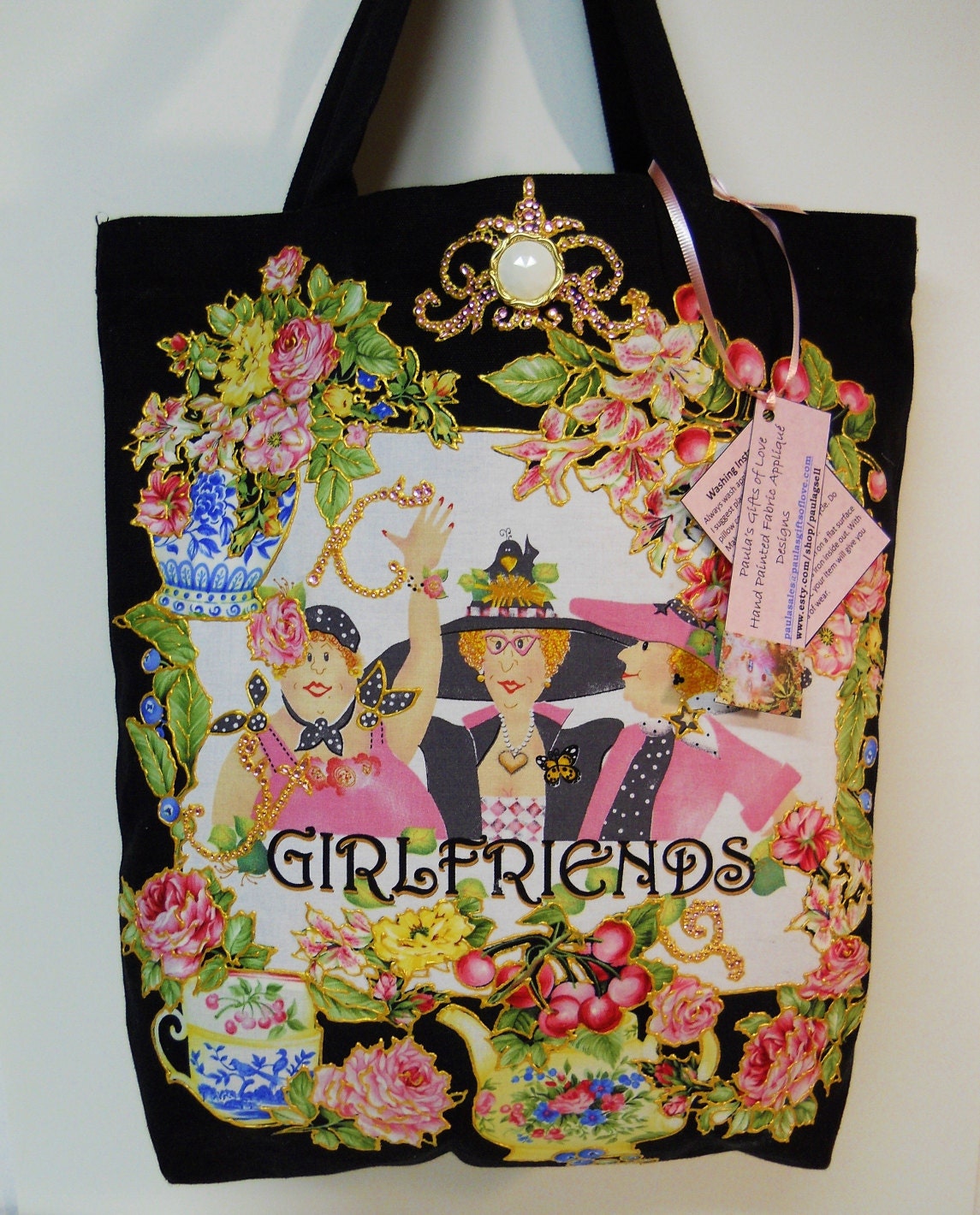 Black Canvas Tote Custom Hand Painted Fabric Applique Designed with Girlfriend Images