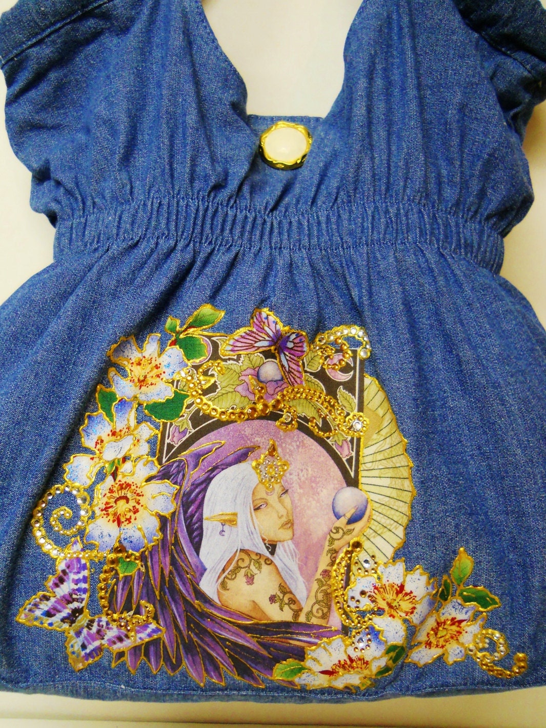 PRICE Plunge 75% Off Denim Handbag Fantasy Fabric Applique  CustomDesigns with Diamond Embellishments