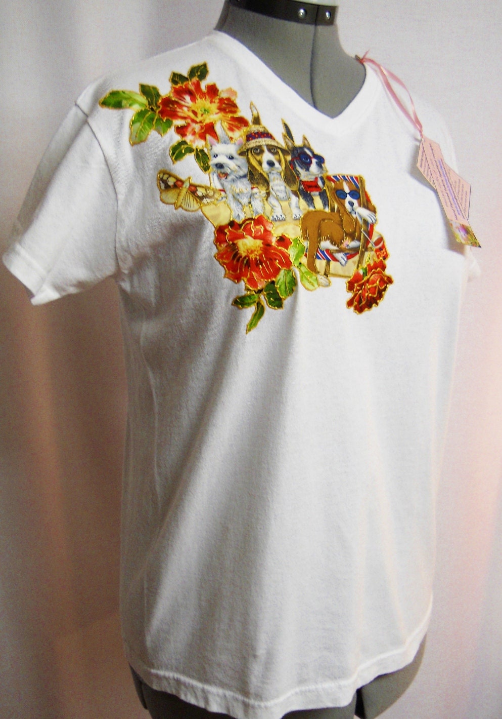 Dog Lovers White Custom Tee Shirt Hand Painted Fabric Applique Design