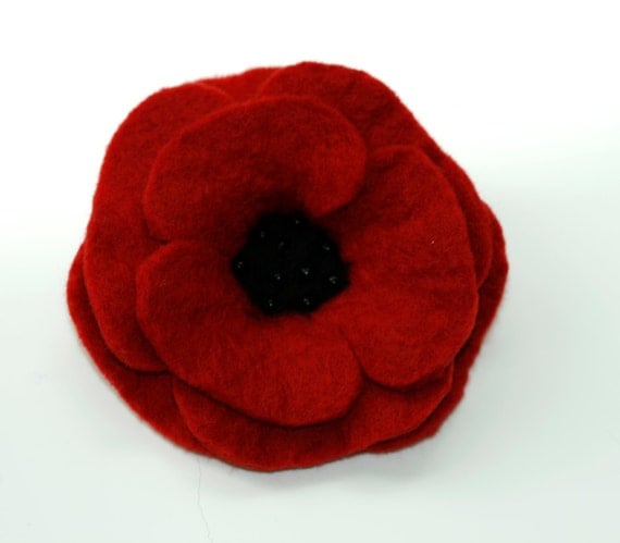 Red Felt Poppy Flower Brooch Pin