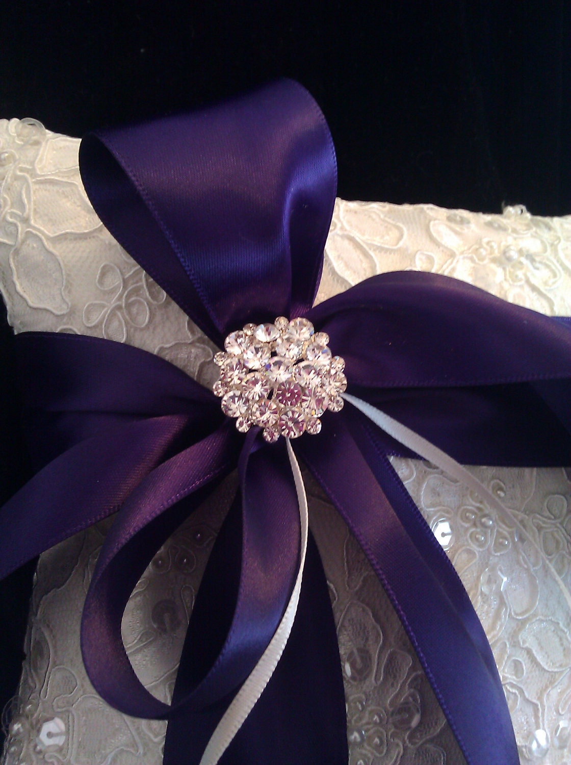 Embellished Alencon Lace Ring bearer Pillow with Purple satin ribbon and Rhinestones