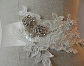 Alencon Lace Rhinestone and Pearl Appliqued Bridal Sash "The Jodie Lux"