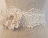 Ivory Alencon Lace Flowers and Ivory Satin Lux Ribbon Bridal Sash "The Michelle"