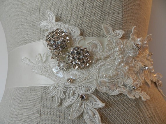 Alencon Lace Rhinestone and Pearl Appliqued Bridal Sash "The Jodie"
