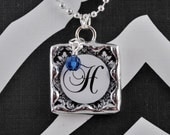 Custom Damask Initial with Birthstone Necklace Soldered Pendant