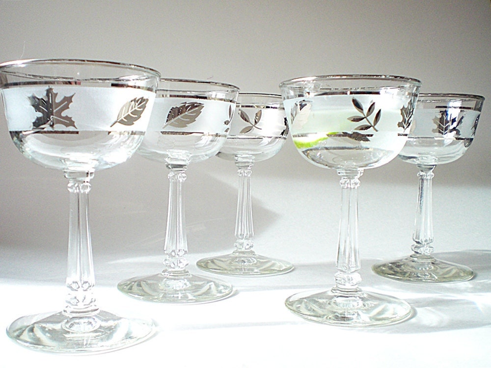 Vintage Wine Glasses, Cocktail Glass, Silver Trim Stemware, Mid Century Glass Barware, Retro Wedding Decor