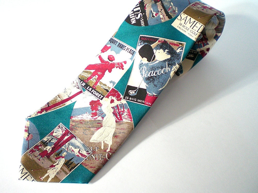 Vintage Silk Tie, 80s Designer Necktie,  Turquoise & Red Golf Neck Tie, Fathers Day Gift
