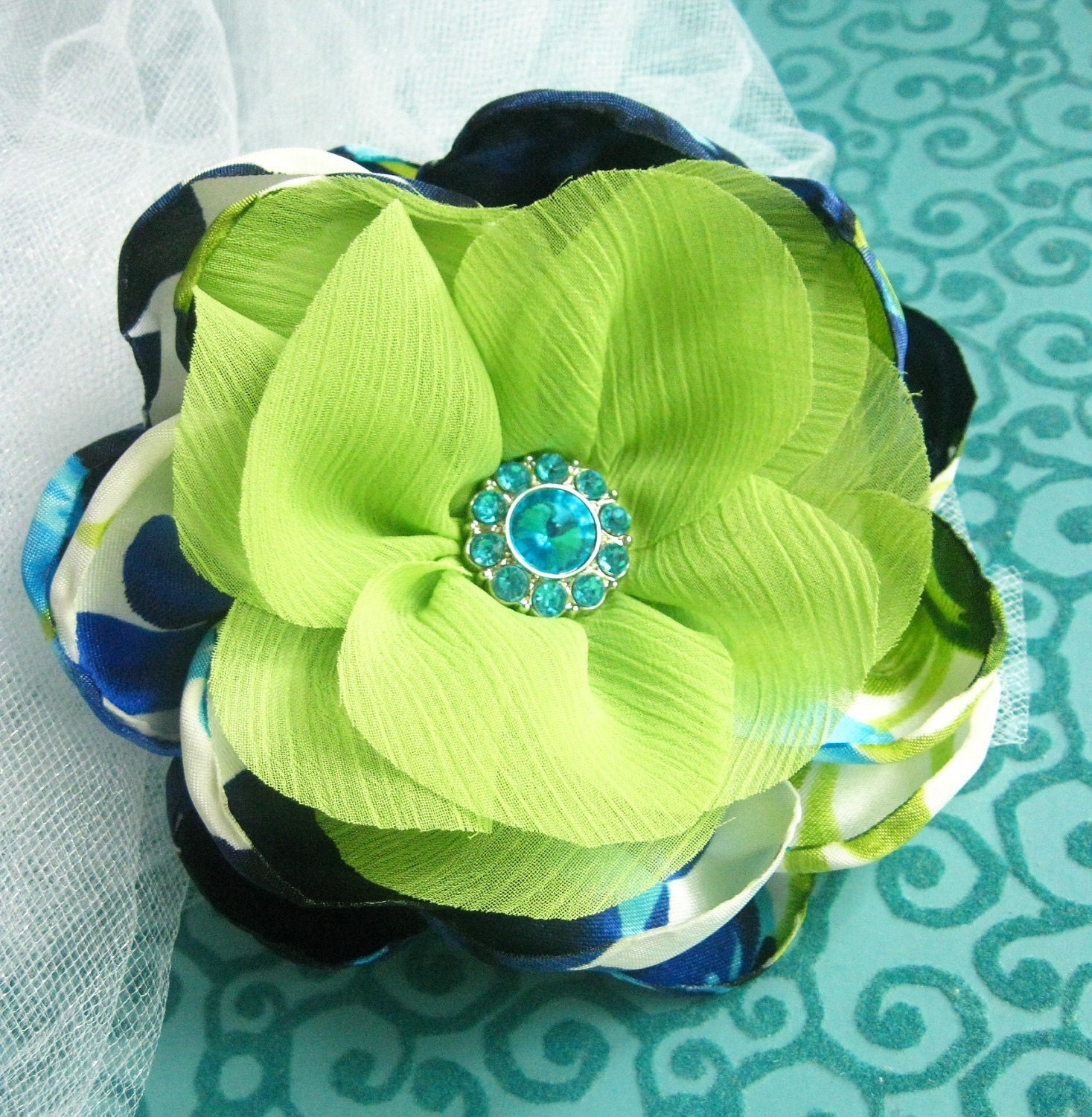 Best Seller-Bold Lime Green Flower Brooch Clip Navy White Teal Blue