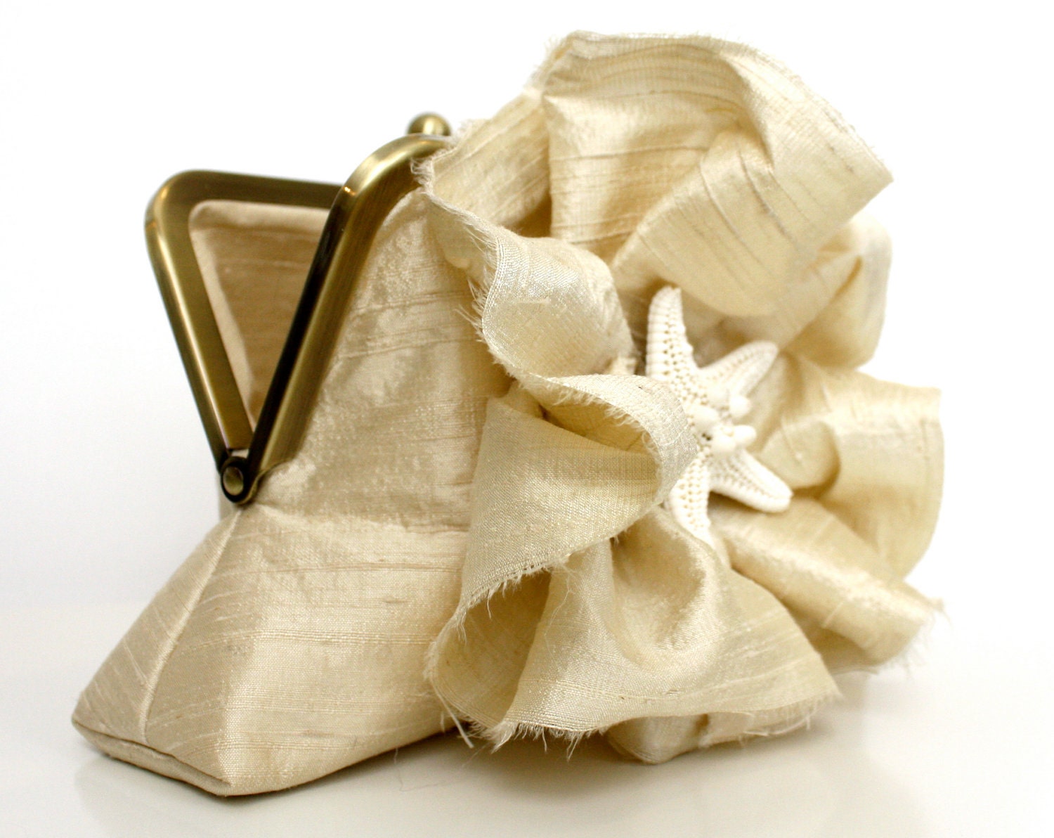 Ivory Bridal Clutch Beach Wedding with Ruffle Flower and Starfish- Custom Made to Order