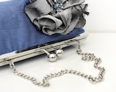 Wedgewood Cornflower Blue Wedding Clutch with Chain and Silver Flower with Vintage Rhinestone Sparkle- Custom Made to Order