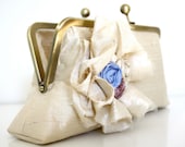 Beach Wedding Something Blue Bridal Clutch with a Trio of Silk Rosettes in Pink, Blue, and Ivory with Pearls- Custom Made to Order