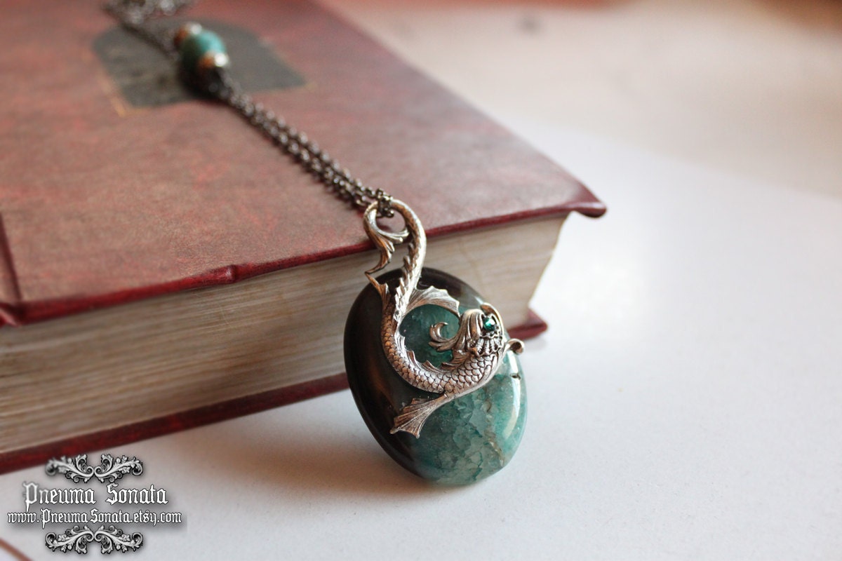 Green Agate Druzy Geode stone with green swarovski and Dragon Sea necklace
